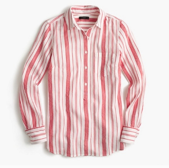 J. Crew Tops - J. Crew Classic Popover Top in Red and White Striped Cotton Gauze Size 4